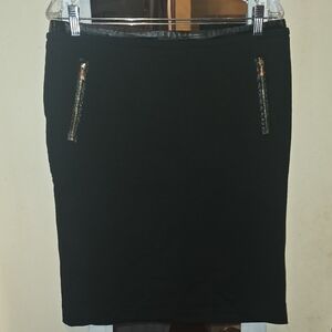 Calvin Klein Black Pencil Skirt with Faux Leather Trim And Zipper Accents
